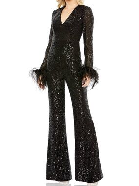 Mac Duggal 11581 Black Sequin Jumpsuit Feathers Fitted Long Sleeve NWT